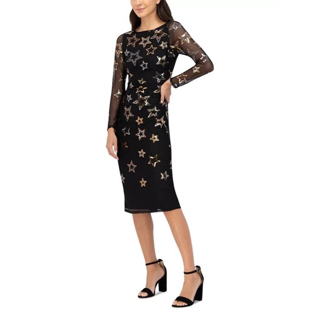 Vince Camuto Women's Sequined Stars Mesh Bodycon Dress Cocktail Party Black 10